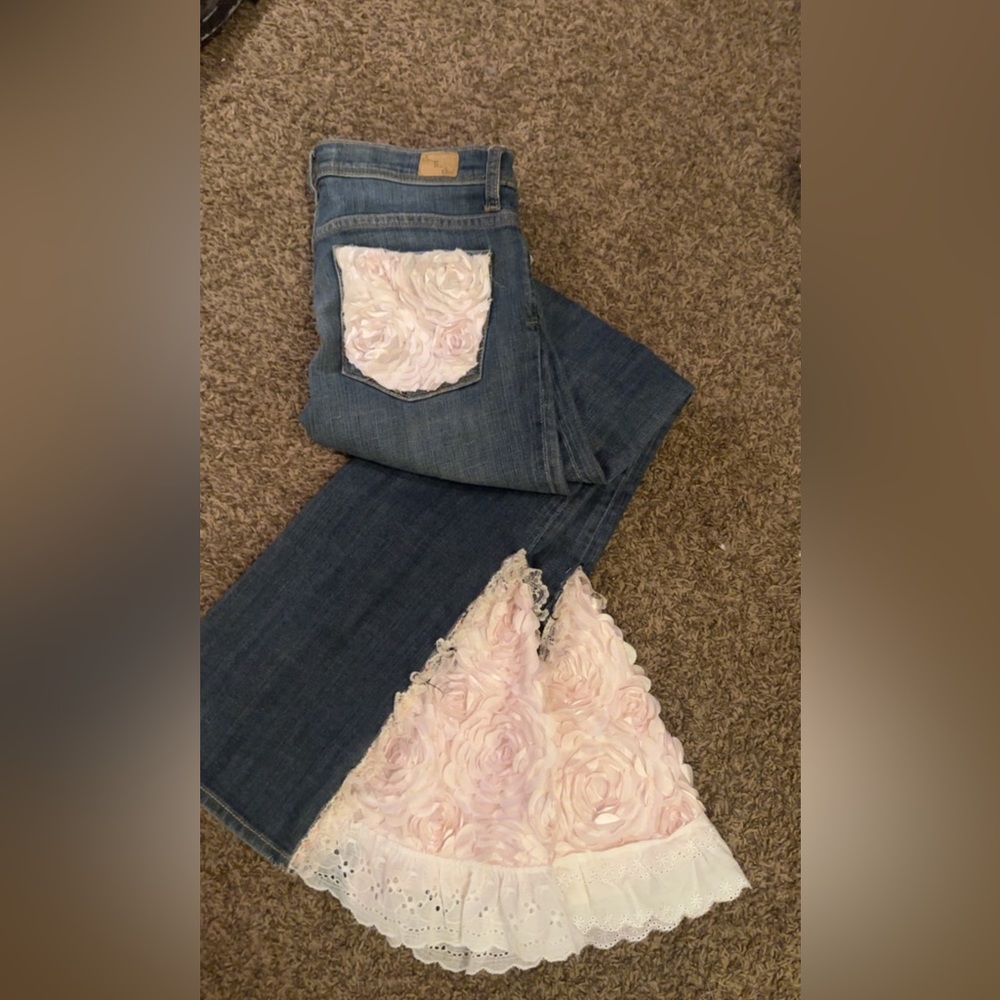 Hand sewn embellishments. Cute Custom jeans.